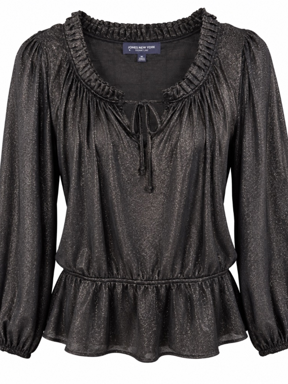 NWOT Jones New York Metallic Black Ruffled Tie-Neck Blouse